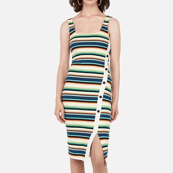 🎉H.P.!🎉 LN ASOMETRICAL BUTTON BODYCON DRESS IN MULTI SZ.XS - Picture 1 of 4